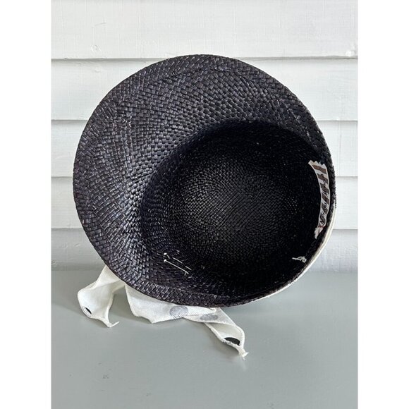Neiman Marcus Women's White Black Polka Dot Woven Straw Cap Hat with Scarf Bow - Picture 7 of 7